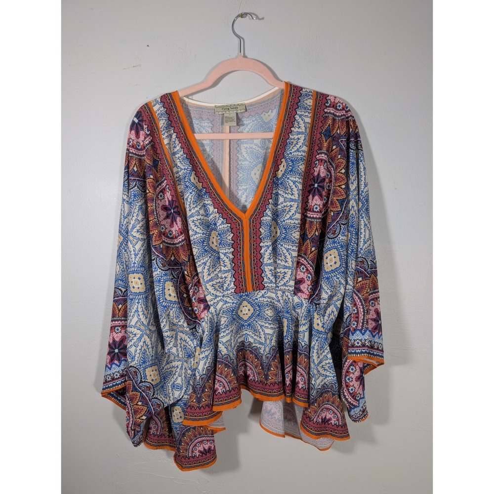 Flying Tomato Blouse Multicolor V Neck Top Wide Sleeve Large Boho festival